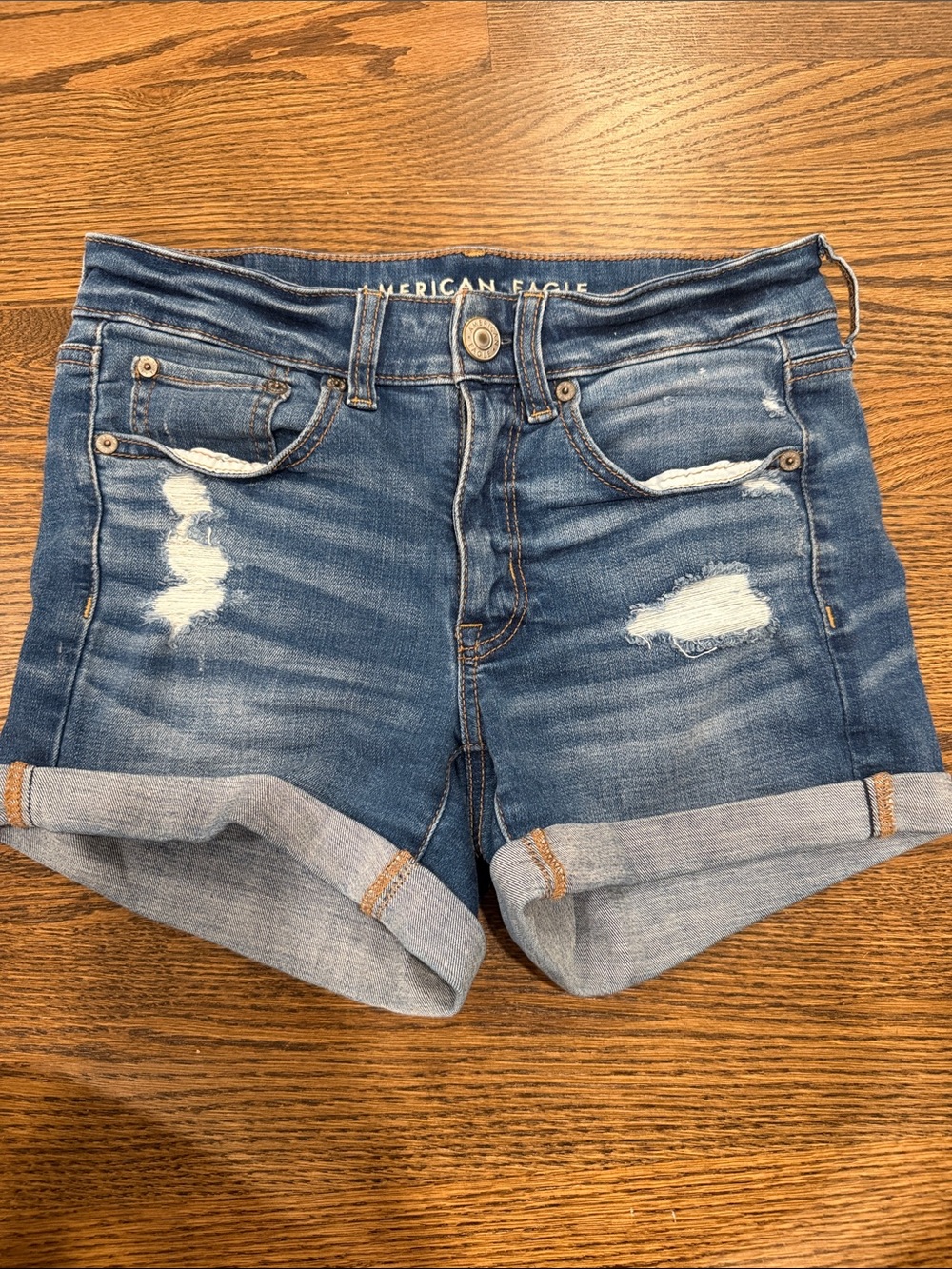 American Eagle Outfitters Blue Distressed Roll-Cuff Denim Shorts